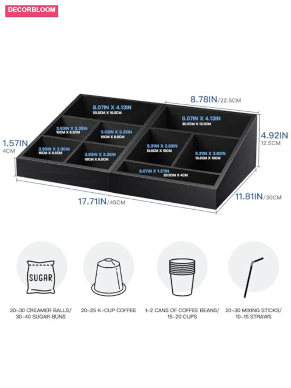 Solid Pine Wood Coffee Station Organizer with 9 Compartments